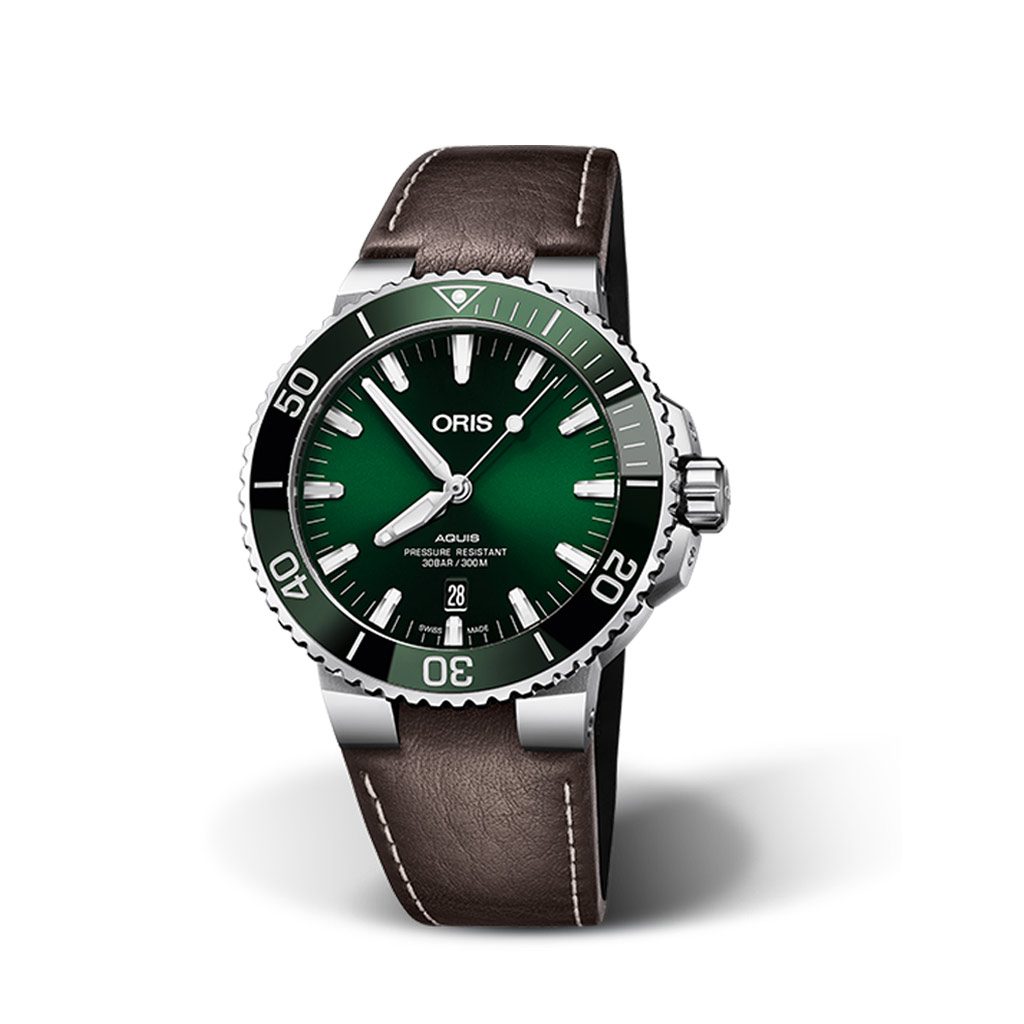 Orologio Oris Aquis Date con Cassa in Acciaio e Quadrante Verde con  Cinturino Marrone Scuro in Pelle - Dobner Orologio Oris Aquis con data