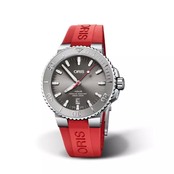 Orologio Oris Aquis Date Relief con Cassa in Acciaio e Quadrante Grigio con Cinturino Rosso in Caucciù