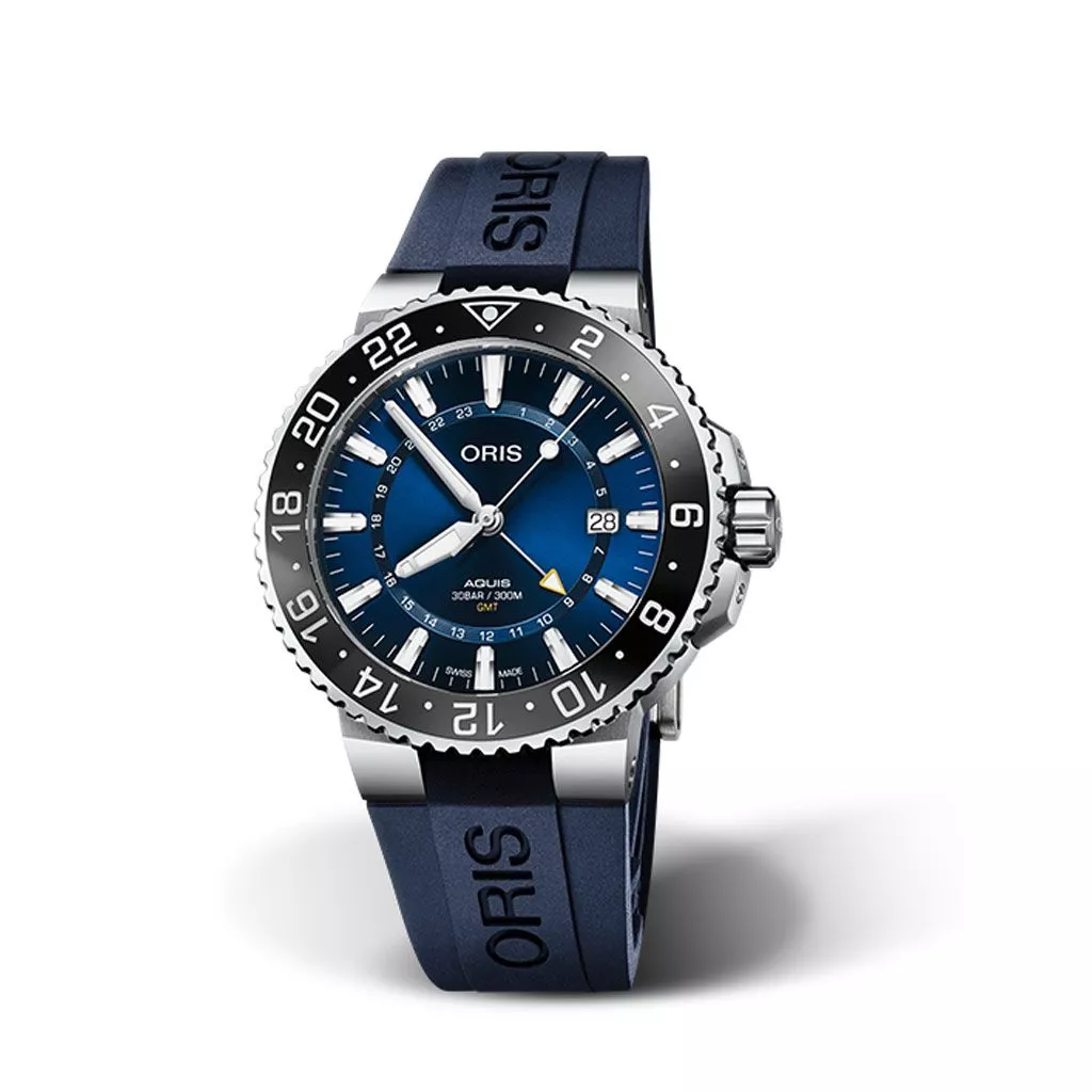 Orologio Oris Aquis GMT Date con Cassa in Acciaio e Quadrante Blu con Cinturino Blu in Caucciù