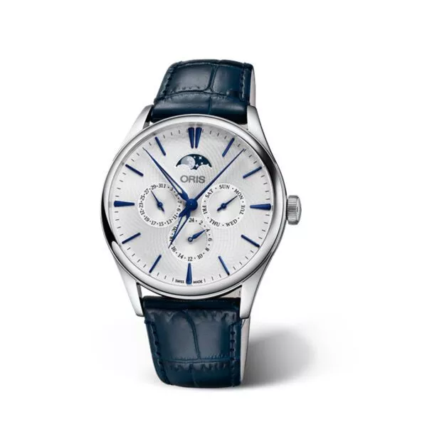 Orologio Oris Artelier Complication con Cassa in Acciaio e Quadrante Argentato con Cinturino Blu Scuro in Pelle