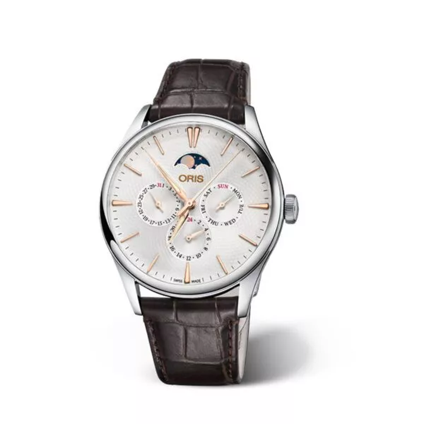 Orologio Oris Artelier Complication con Cassa in Acciaio e Quadrante Argentato con Cinturino Marrone Scuro in Pelle di Alligatore