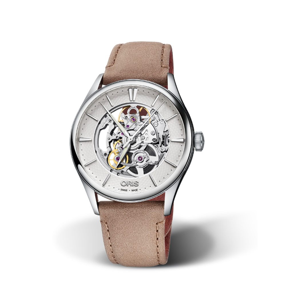 Orologio Oris Artelier Skeleton con Cassa in Acciaio e Quadrante Argentato  con Cinturino Marrone Chiaro in Pelle - Dobner