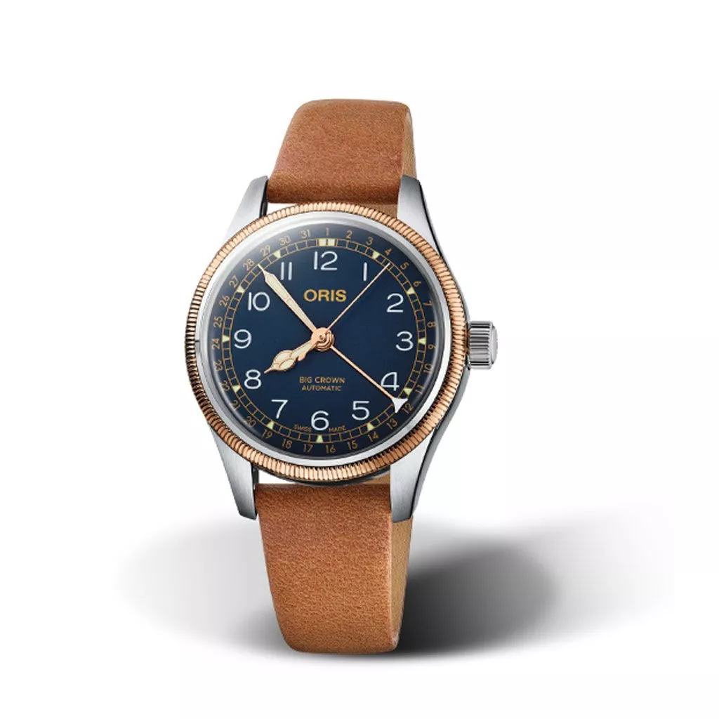 Orologio Oris Big Crown Pointer Date con Cassa in Acciaio e Quadrante Blu con Cinturino Marrone in Pelle Unisex
