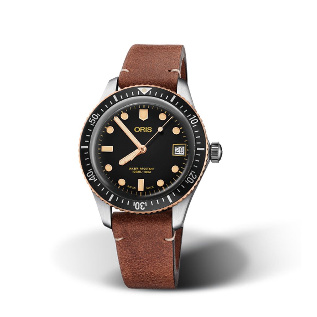 Orologio Oris Divers Sixty-Five con Cassa in Acciaio 36 mm e Quadrante Nero  con Cinturino Marrone Scuro in Pelle - Dobner Oris Divers Sixty-Five