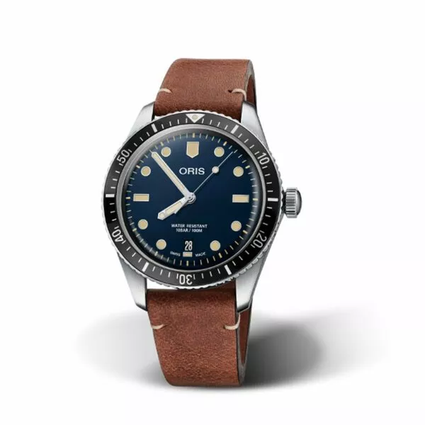 Orologio Oris Divers Sixty-Five con Cassa in Acciaio 40 mm e Quadrante Blu con Cinturino Marrone in Pelle