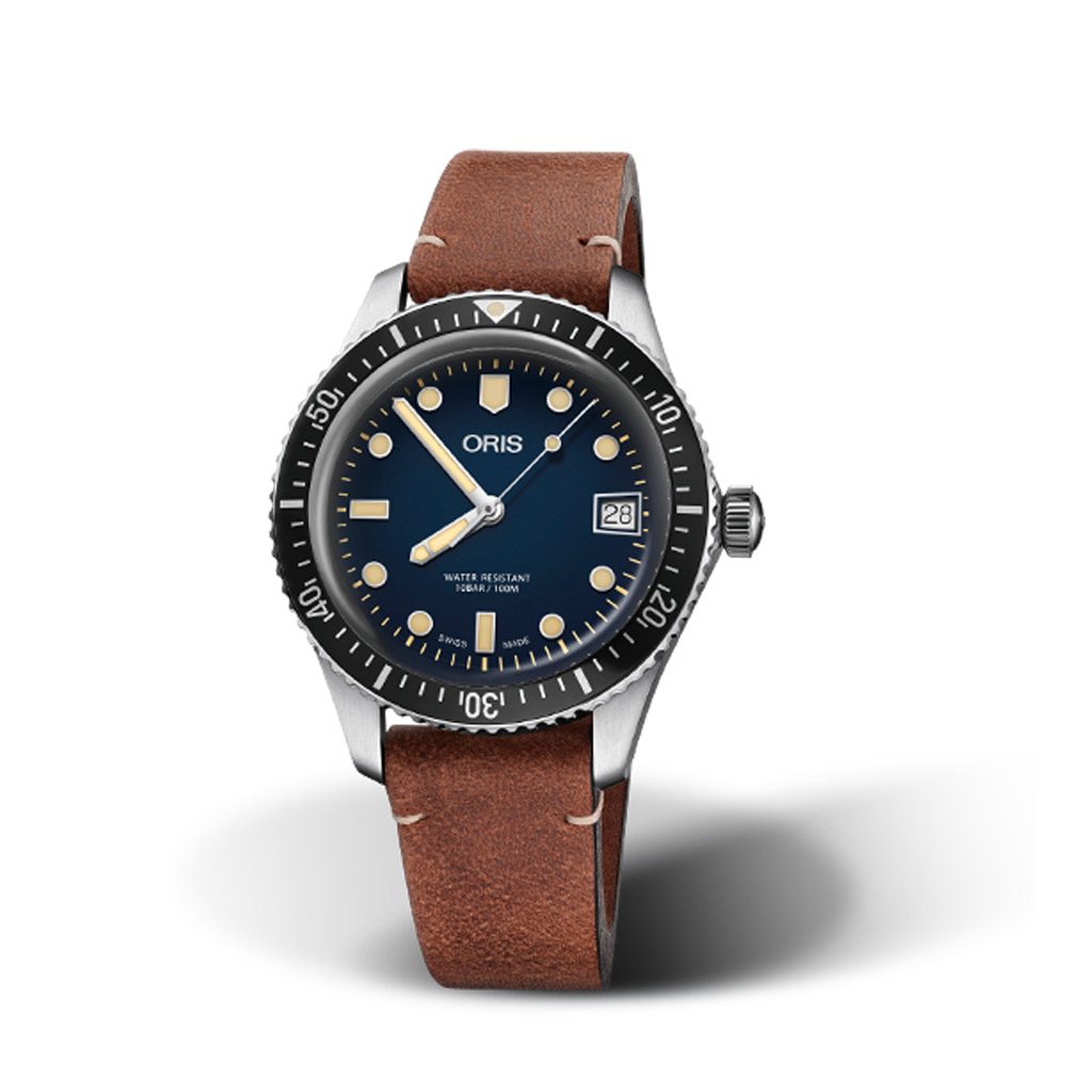 Orologio Oris Divers Sixty-Five con Cassa in Acciaio e Quadrante Blu con  Cinturino Marrone Scuro in Pelle - Dobner Oris Divers Sixty-Five
