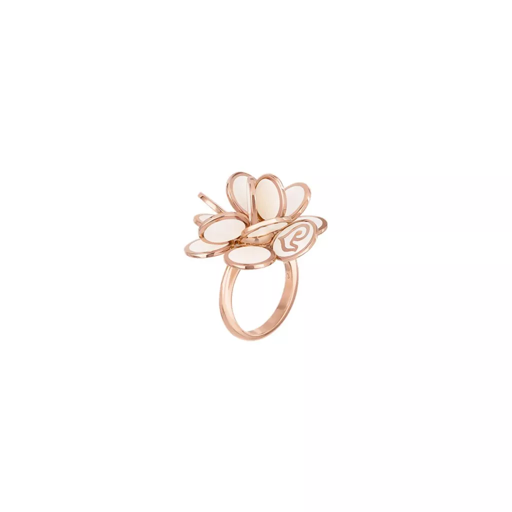 Anello Chantecler Paillettes Fiore Grande in Oro Rosa e Smalto Bianco