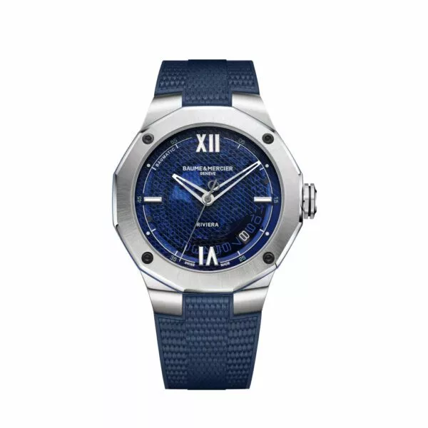 Orologio Baume & Mercier Riviera con Quadrante in Vetro Blu Fumé e Cinturino in Caucciù