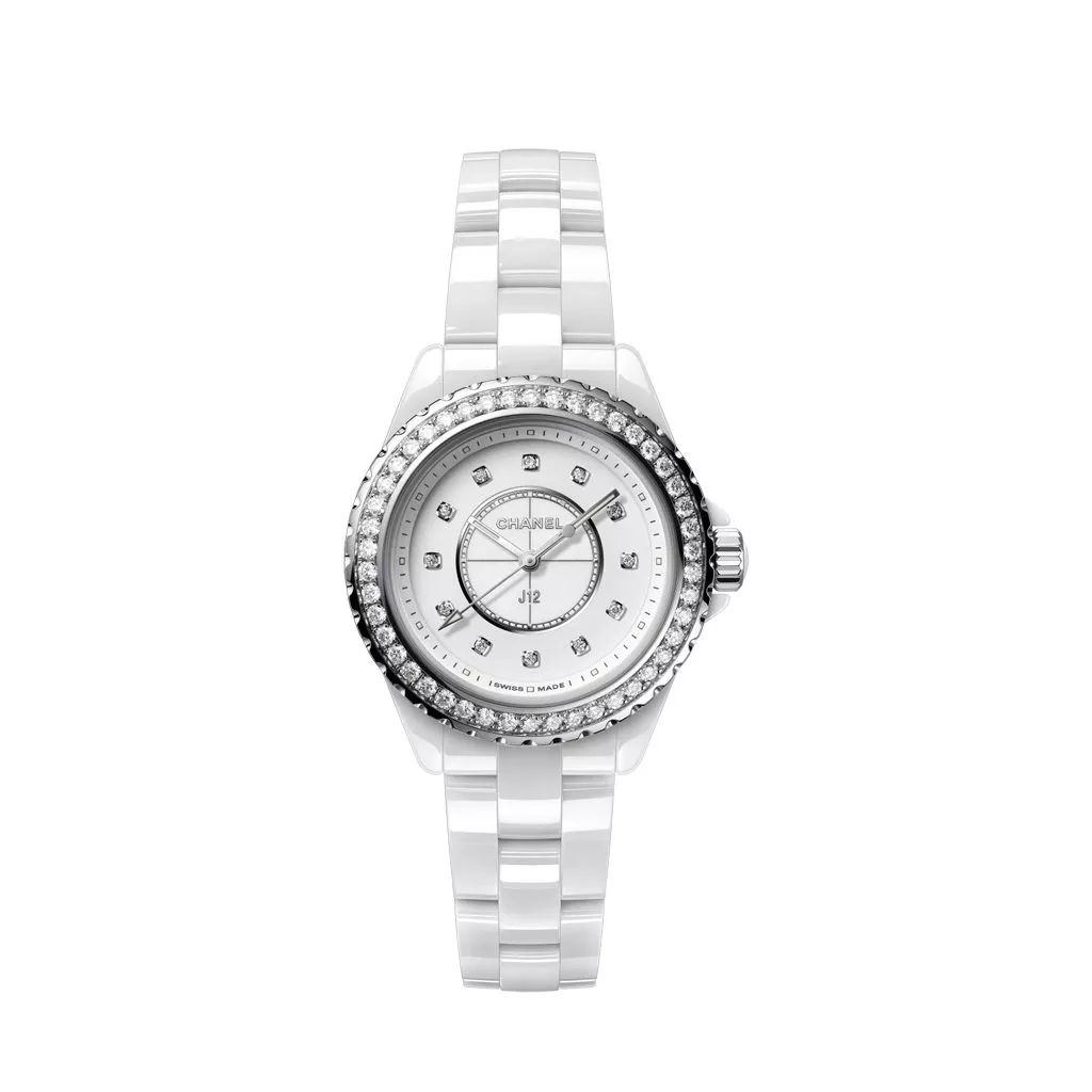 Orologio Chanel J12 in Acciaio e Ceramica Bianca con Lunetta con Diamanti