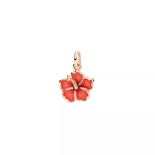 ciondolo Dodo fiore ibisco in oro rosa con smalto perlato fucsia e arancio